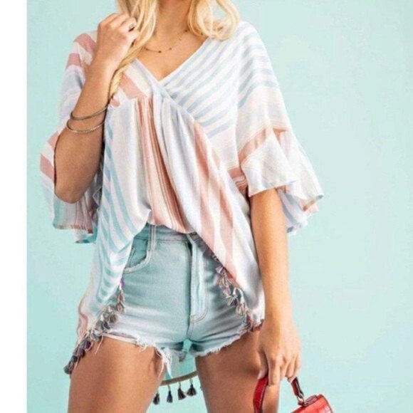 NEW NWT KORI Salmon & Blue Striped Tassel Top Beach Coverup V-neck Oversized Sm - Picture 1 of 9